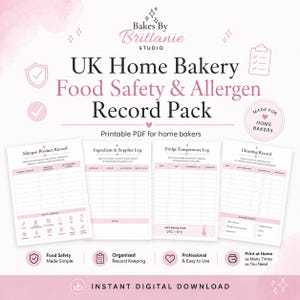 Könnte beinhalten: Ein digitales, druckbares PDF-Set für britische Heimbäckereien mit vier weißen Blättern in Rosa: Allergen-Produktprotokoll, Zutaten- und Lieferantenprotokoll, Kühlschranktemperatur-Protokoll und Reinigungsprotokoll zur Lebensmittelsicherheit.