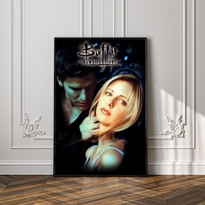 May include: A rectangular poster featuring a dark, moody portrait of a man and a woman. The woman has blonde hair and is in the foreground, while the man is partially obscured behind her. The text Buffy the Vampire Slayer is printed at the top.