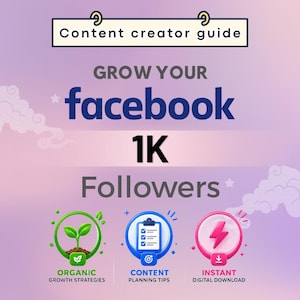 May include: A digital content creator guide for growing Facebook followers to 1K. The graphic features text reading Content creator guide, GROW YOUR facebook 1K Followers, and three circular icons representing organic growth, planning, and downloads.
