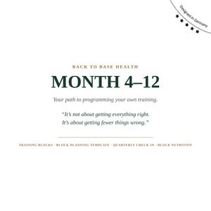 Könnte beinhalten: Eine weiße Informationskarte mit dem Titel Back to Base Health Month 4-12, dem Text Your path to programming your own training und einem Zitat über das Vermeiden von Fehlern. Enthält ein Designed in Germany-Abzeichen mit fünf schwarzen Sternen.
