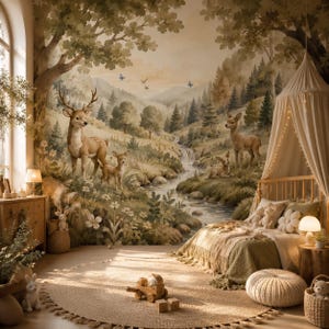 May include: A bedroom featuring a large wall mural of a forest landscape with deer, a stream, and mountains in muted earth tones. The room includes a bed with a canopy, a round woven rug, a wooden toy, and small decorative baskets with plush toys.