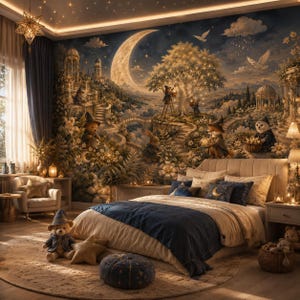Könnte beinhalten: Ein Schlafzimmer mit einem großen Wandgemälde, das eine Fantasielandschaft mit einer Mondsichel, einem leuchtenden Baum und anthropomorphen Tieren in Gewändern zeigt. Der Raum enthält ein Bett mit blauer und beiger Bettwäsche und einen Teddybären.