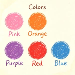 May include: A chart titled Colors featuring five hand-drawn crayon circles in pink, orange, purple, red, and blue. Each circle is labeled with its corresponding color name in matching text below it, arranged in two rows on a light background.