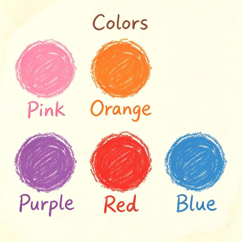May include: A chart titled Colors featuring five hand-drawn crayon circles in pink, orange, purple, red, and blue. Each circle is labeled with its corresponding color name in matching text below it, arranged in two rows on a light background.