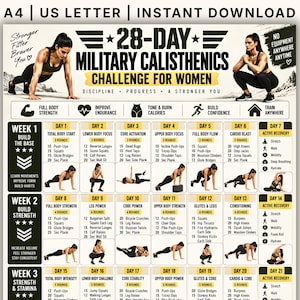 May include: A 28-day military calisthenics challenge chart for women, featuring daily exercise routines, instructional illustrations, and fitness goals. The document includes text headers, weekly progress sections, and icons for full body strength, endurance, and calorie burning.