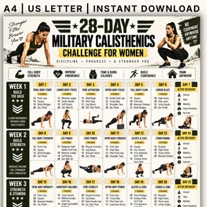 28-daagse calisthenics-uitdaging voor vrouwen, trainingsschema met lichaamsgewichtoefeningen zonder apparatuur (digitale download)