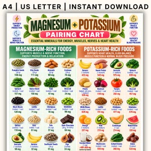 May include: A Magnesium and Potassium pairing chart infographic featuring lists of nutrient-rich foods with their respective mineral content in milligrams. The document includes text headers, icons, and illustrations of various vegetables, fruits, and seeds.