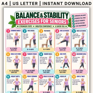 May include: A digital poster titled Balance & Stability Exercises for Seniors featuring fifteen numbered illustrations of a person performing physical movements. The chart includes text instructions, repetition counts, and a list of health benefits.