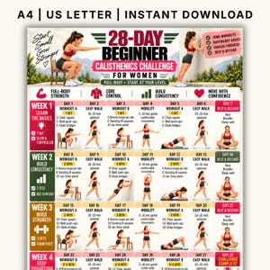 May include: A 28-day beginner calisthenics challenge chart for women, featuring a grid of daily exercises, workout instructions, and illustrations of a person performing movements like chair squats, lunges, and planks, with text headers.