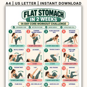 May include: A digital workout chart titled Flat Stomach in 2 Weeks 14-Day Core Workout Challenge. It features sixteen numbered exercise illustrations with instructions for reps, available in A4 and US Letter sizes as an instant download.