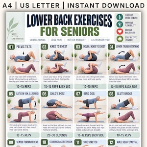 May include: A digital exercise chart titled Lower Back Exercises for Seniors, featuring twelve numbered illustrations of individuals performing movements like pelvic tilts, knee to chest, and glute bridges with text instructions and repetition counts.