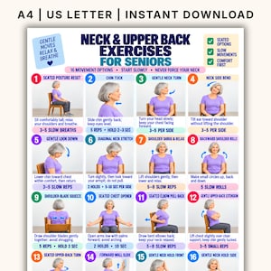 May include: A digital instructional poster titled Neck & Upper Back Exercises for Seniors, featuring 16 numbered illustrations of a person in a purple shirt demonstrating movements. Includes text for A4 and US Letter instant download options.