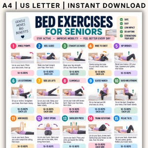 May include: A digital poster titled Bed Exercises for Seniors featuring fifteen numbered illustrations of physical movements. Each section includes a descriptive title, instructional text, and repetition counts for exercises performed on a bed.