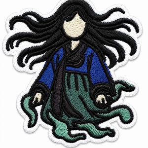 May include: An embroidered patch featuring a figure with long flowing black hair, wearing a blue top and a dark green skirt. The figure has a pale face without features and is surrounded by several green tentacle-like appendages at the base.