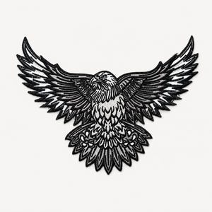 May include: An embroidered patch featuring a bald eagle in flight with wings fully spread. The design is rendered in high-contrast black, white, and shades of grey, showcasing detailed feather textures and a sharp, focused gaze on the eagle's head.