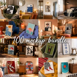 May include: A collection of 100 framed art prints displayed in various interior settings, featuring diverse graphic illustrations, abstract designs, and landscape scenes in a variety of color palettes, all presented within a digital mockup bundle.