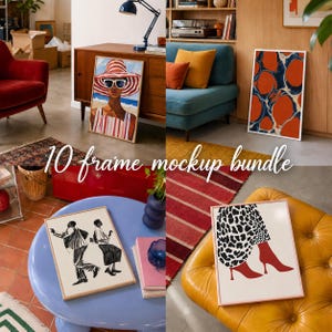 May include: A digital collection of four framed art prints featuring diverse illustrations, including a person in a striped hat, an abstract orange and blue pattern, a sketch of two figures, and a leopard print skirt with red high-heeled boots.