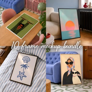May include: A digital collection of 10 frame mockups featuring various art prints, including a waiter with trays, a sunset over water, a coastal motif with a shell, palm tree, and starfish, and a person with a cat wearing sunglasses.