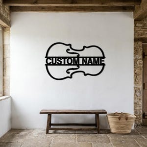 Arte personalizado de violín, letrero metálico con nombre personalizado, decoración de pared de violín, regalo para amantes de la música, arte de instrumentos de cuerda, arte de pared para músicos, sala de música