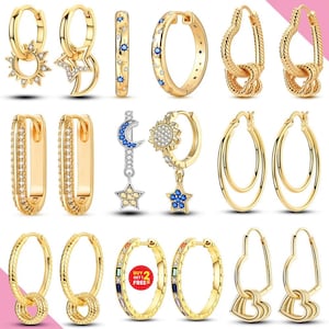 925 Zilveren Hoepeloorbel met Gouden Hart, Ster, Maan en Zirkonia Hangers, Mode Sieraden