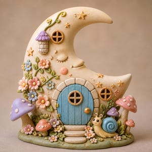 May include: A decorative crescent moon sculpture featuring a sleeping face, a central blue arched door, and small round windows. The base is adorned with colorful sculpted flowers, various mushrooms in shades of purple and pink, and a small snail.