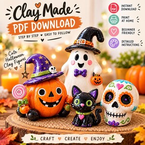 Figurines d'Halloween en argile autodurcissante peintes à la main | Citrouille, fantôme, chat, crâne mexicain