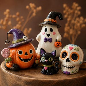 Figurines d'Halloween en argile autodurcissante peintes à la main | Citrouille, fantôme, chat, crâne mexicain