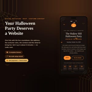May include: A digital Halloween party invitation website template displayed on a smartphone screen. The interface features a pumpkin icon, event details for The Hollow Hill Halloween Party, RSVP and details buttons, and a live countdown timer.