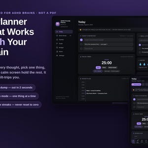 May include: A digital planner interface displayed on a tablet and smartphone screen with a dark purple theme. The text reads: A Planner That Works With Your Brain, Designed for ADHD Brains, Not a PDF, Brain dump, Focus mode, and Gentle streaks.