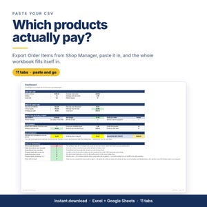 Puede incluir: Una plantilla de hoja de cálculo digital para análisis de comercio electrónico con el texto Paste Your CSV, Which products actually pay?, y 11 tabs - paste and go. El panel muestra métricas financieras como beneficio neto y costes.