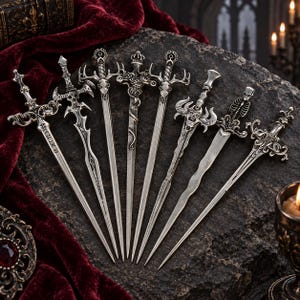 Gotiskt svärdhårspinne, titanlegering, 16 cm silverfärgad fantasihårspänne