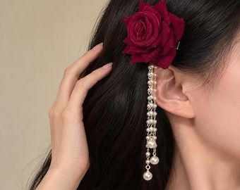 Pince à cheveux rose bordeaux avec pompons de perles, accessoire de coiffure gothique pour mariée, barrette à fleur rouge, accessoire de coiffure de mariage pour femme
