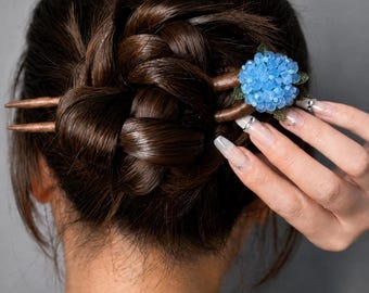 Blue Hydrangea Hair Fork, Wooden Hair Stick, Floral Bun Holder, Chinese Hair Pin, Updo Hair Accessory, Gift for Her