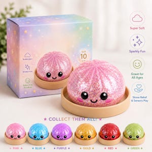 May include: A pink glittery squishy toy with a smiling face, resting on a tan circular base. The packaging box features a gradient sky design with stars and the text "Size 10 cm". Below, six additional squishy toys in pink, blue, purple, gold, red, and green are displayed with their color names.