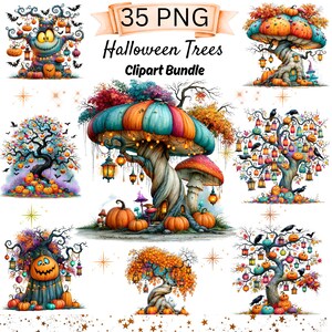 Op de afbeelding: Een digitale collectie van 35 PNG Halloween Trees Clipart Bundle met diverse illustraties van gedraaide bomen, grote kleurrijke paddenstoelen, hangende lantaarns, pompoenen en zwarte vogels tegen een witte achtergrond met sterren.