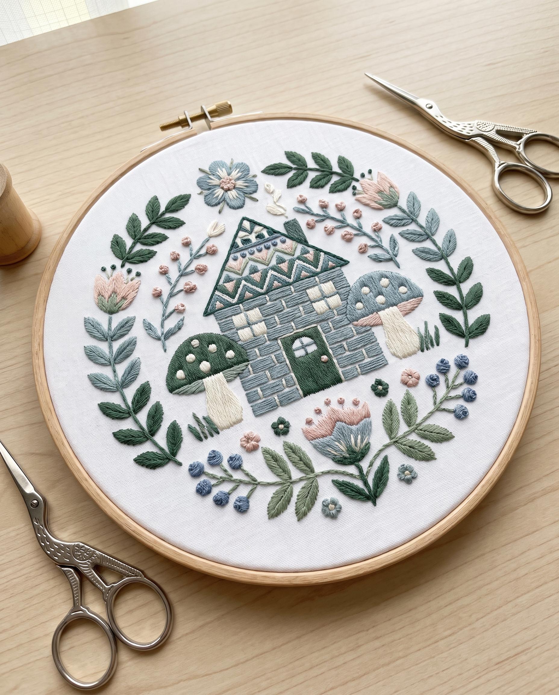 Cottage House Embroidery Kit for Beginners, Folk Art Mushroom Floral, Home Wall Hoop Art Decor, DIY Craft Gift for Cottage Lovers Adults