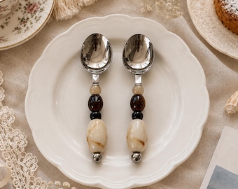 Beaded Coffee Spoon, Natural Stone Teaspoon, Handmade Dessert Spoon, Vintage Tea Party Cutlery, Unique Hostess Gift, Table Decor