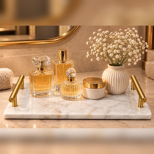Handcrafted White Marble Serving Tray | Brass Fluted Handles, Vanity Organizer