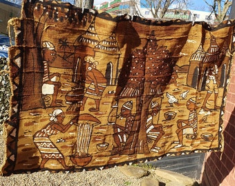 Bogolan Mudcloth Rare Unique Village Scene handwoven hand painted mural wall hanging fermented mud 100% cotton