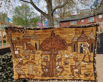 Bogolan Mudcloth Rare Unique Village Scene handwoven hand painted mural wall hanging fermented mud 100% cotton