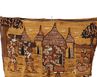 Handwoven Bogolan Mudcloth Mural: African Village Scene Wall Hanging