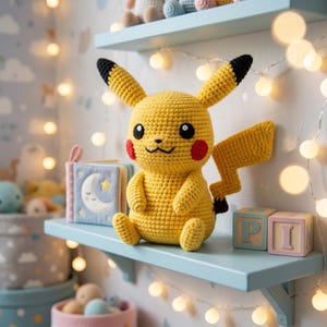 May include: A yellow crocheted Pikachu figure with black-tipped ears, red circular cheeks, and a lightning bolt-shaped tail. The figure sits on a light blue shelf next to a small book with a moon illustration and two wooden blocks labeled P and I.