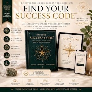 May include: A dark green book titled Find Your Success Code with a gold star diagram on the cover, displayed alongside a tablet and smartphone showing a Success Star calculator interface. The design features gold text, star icons, and numerology charts.