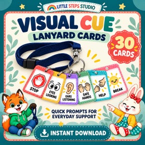 Può includere: Un set di 30 schede di segnali visivi su un cordino blu scuro con schede rettangolari colorate che mostrano icone e testo come Stop, Eyes Looking, Ears Listening, Safe Hands, Help e Break, con illustrazioni di una volpe e un coniglio.