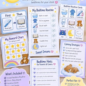 May include: A digital printable bedtime routine kit featuring 25 pages with illustrations of a teddy bear, moon, and stars. Includes a reward chart, first-then board, routine cards, and calming strategies with text in English for child sleep routines.