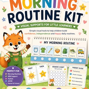 Può includere: Un kit per la routine mattutina con supporti visivi che include una volpe a cartone animato, una tabella per la routine giornaliera con icone per le attività, un grafico Prima-Dopo, una tabella dei premi e una guida per i genitori.