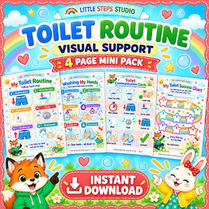 Puede incluir: Un paquete de 4 páginas de apoyo visual para la rutina de ir al baño con ilustraciones coloridas de un zorro y un conejo. Las páginas incluyen una guía de rutina, pasos para lavarse las manos, tarjetas de comunicación y una tabla de éxito.