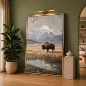 May include: A large rectangular framed wall art piece featuring an oil painting of a brown bison standing in a grassy field with a reflective pond in the foreground and snow-capped mountains in the background, illuminated by a gold picture light.