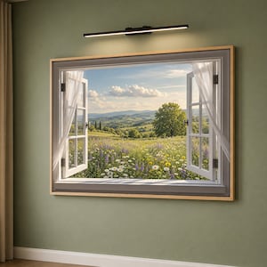 Puede incluir: Un cuadro rectangular que muestra un marco de ventana con contraventanas blancas abiertas y cortinas blancas transparentes, con un paisaje de colinas verdes, un árbol grande y un campo de flores silvestres bajo un cielo azul.