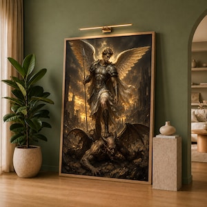 May include: A large rectangular wall art print featuring a winged warrior in metallic armour holding a spear, standing triumphantly over a dark, horned creature. The scene is set against a dramatic, golden-hued sky with ruined stone structures.